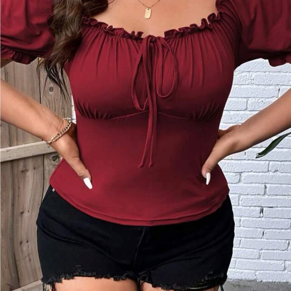 Joress  Plus Frill Trim Knot Front Top 3XL